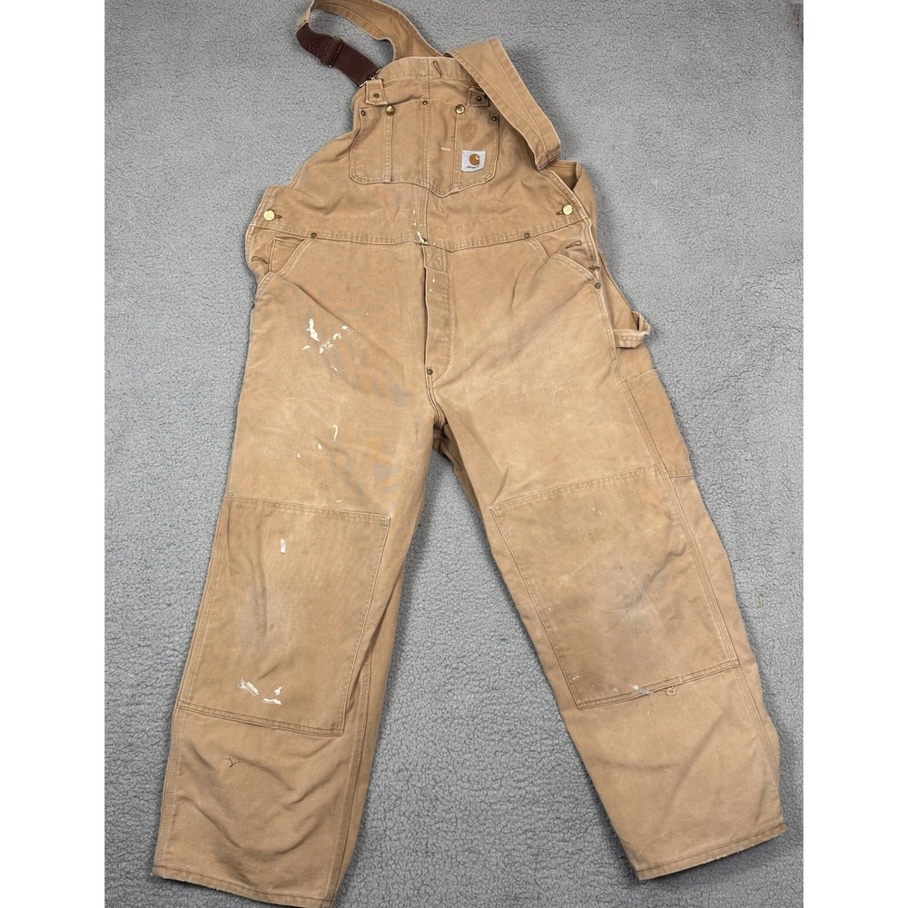 Carhartt USA R01 BRN Duck Bib Overalls Double Knee 42x28 Distressed‎ Made in USA
